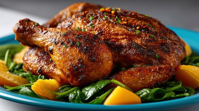An image of a mouth watering roasted chicken placed on a bright blue platter, complemented by fresh green spinach leaves