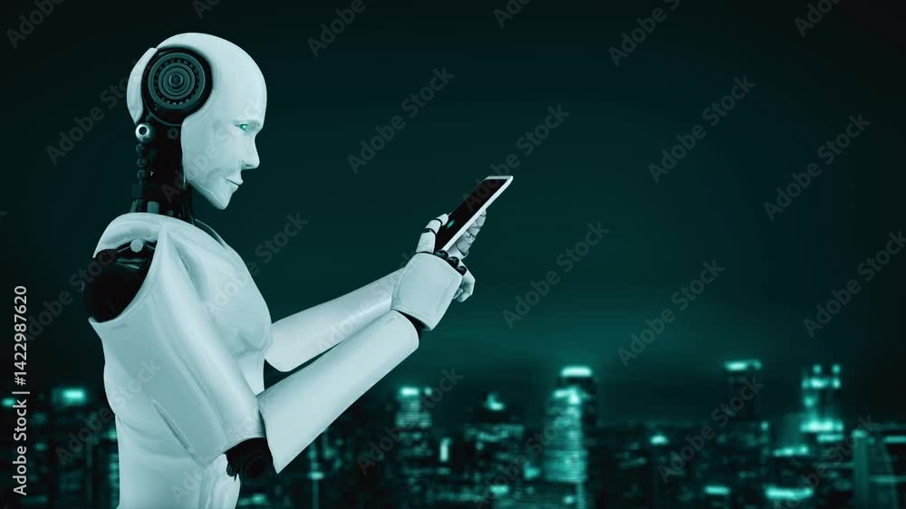 Poster ai robot huminoid uses cloud computing technology to store data on online server . futuristic concep