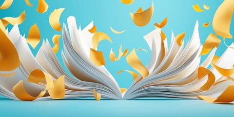 Open book with golden pages floating around it