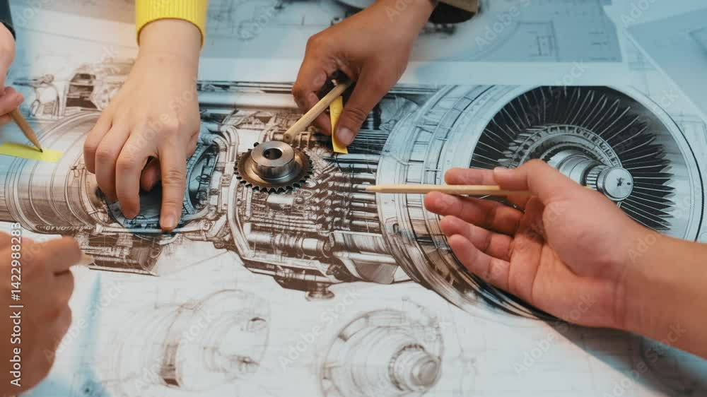 Poster a group of engaged individuals collaborate in a workshop, using tools and blueprints to work on intr