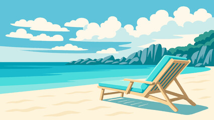 Tropical beach, lounge chair, vector background, Vacation and travel concept. Beach umbrella, beach chair.