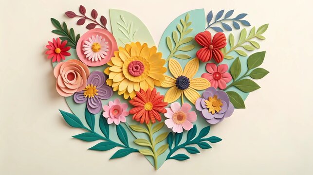 Colorful paper flowers arranged in heart shape