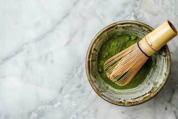 Traditional Japanese Matcha Preparation with Bamboo Whisk and Bowl
