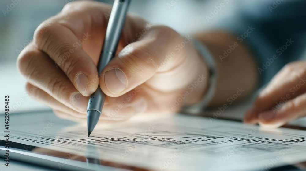 Poster creating hybrid work design enhancing productivity and creativity through technology, tablet sketchi