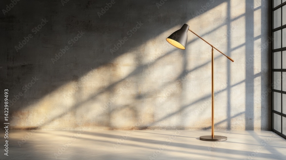 Poster golden studio lamp creating artistic shadows on empty wall
