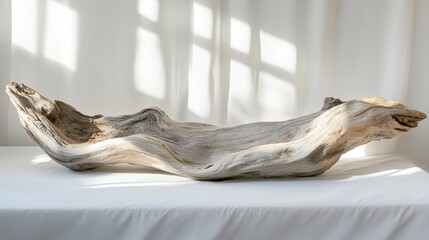 A front-facing shot of a large piece of driftwood with intricate textures, placed on a white backdrop, illuminated by soft natural light to showcase its weathered appearance