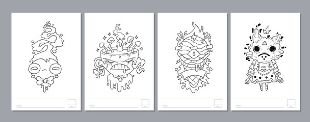 Doodle coloring page for children and adults. Black and white vector characters. Vector doodle illustration