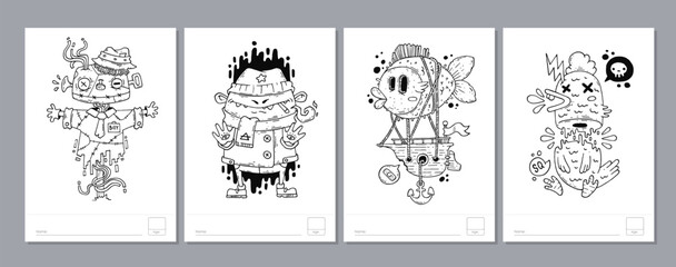 Doodle coloring page for children and adults. Black and white vector characters. Vector doodle illustration