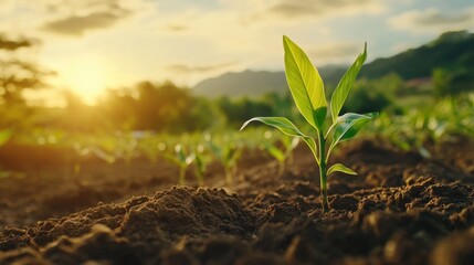 Green sugarcane plants growing tall in rich soil, captured during golden hour on a sustainable farm