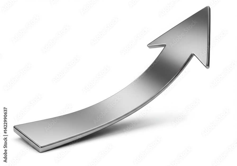 Aufkleber a shiny silver arrow curving upwards and pointing to the right on a plain white background surface v