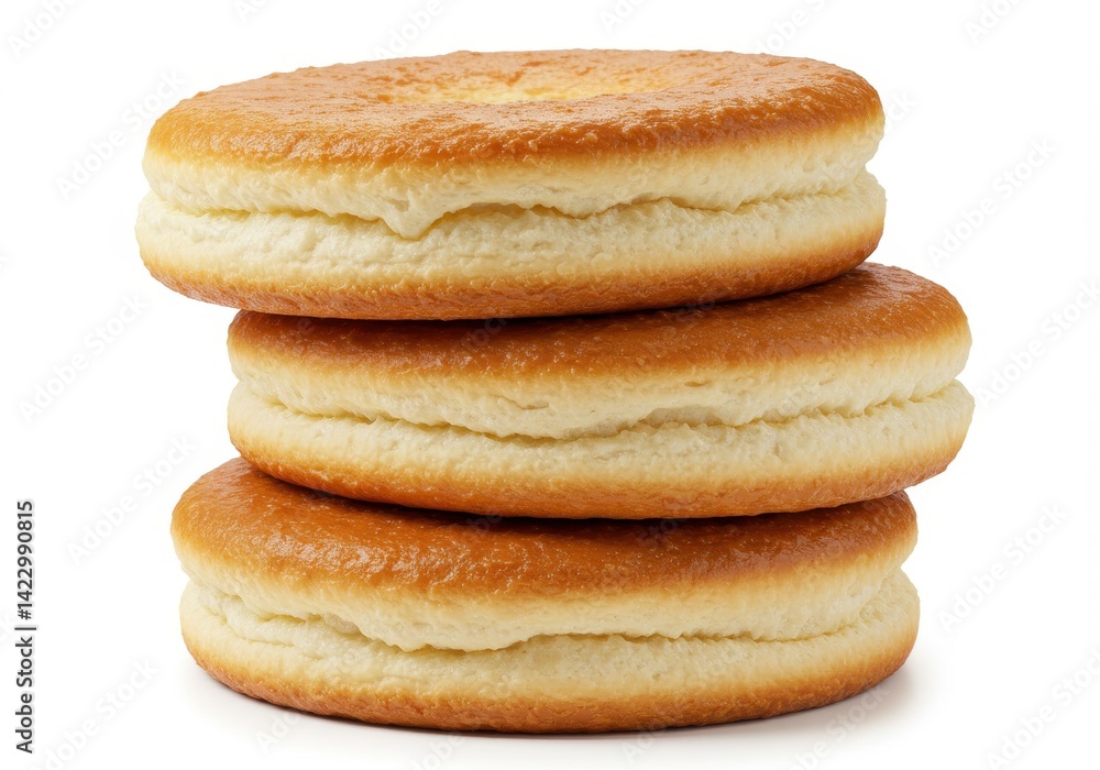 Poster a stack of three golden brown donuts with a white background in a studio setting on display now