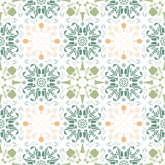 Seamless folk-inspired pattern with teal, sage green, and peach abstract floral and geometric motifs on a white background. Decorative and repeating design
