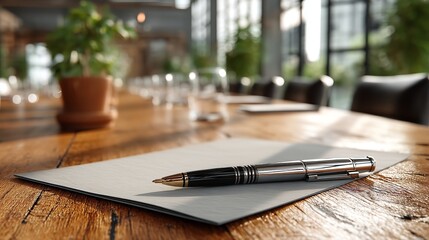 Blank White Paper on Office Meeting Table with Pen and Chair in Soft Focus Background, Minimal Corporate Workspace