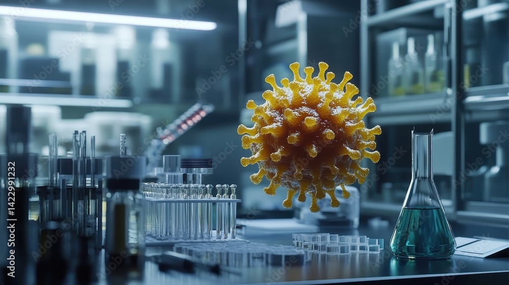 Aufkleber virus cell on a lab table with test tubes and beaker with teal liquid. use this to illustrate scient