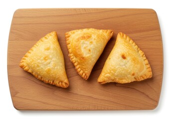 Fototapeta premium Three golden brown empanadas arranged neatly on a light brown wooden cutting board in a studio shot