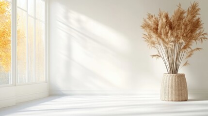 Minimalist, sunlit room with a woven planter