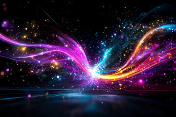 Obraz premium Highly energetic particle explosion with electric sparks illuminating abstract wave patterns, visually stunning dynamic motion effects capturing energy and motion