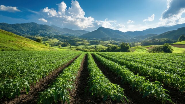 Healthy chili pepper crop thriving under sun in lush plantation field