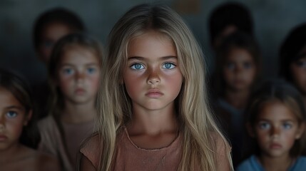 Obraz premium A young blonde girl with striking blue eyes stands in a group of children in a dimly lit room, looking directly at the camera with a serious expression.