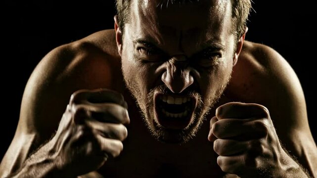 A strong display of emotion showcases a person expressing intense anger. The individual, with a furrowed brow and clenched fists, demonstrates raw passion. Set against a dark background, this powerful
