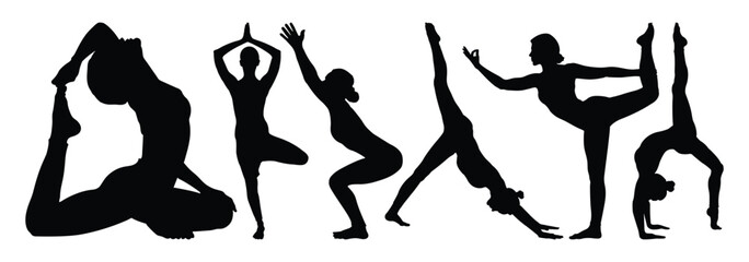Silhouette of a woman doing yoga in different pose. Asana set. yoga or exercise silhouettes vector collection. 