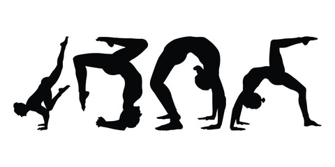 Yoga poses silhouette set. Yoga poses showcasing flexibility, balance, wellness, stretching exercises for body, mind. Set of female silhouettes doing yoga. 