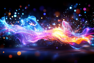 Majestic explosion of vibrant particles bursting into delicate ribbons and graceful curves, illuminated with surreal lighting effects, creating a dynamic and ethereal visual masterpiece