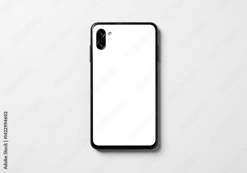 Poster a smartphone with a black case and a blank white screen on a white background in a studio shot view