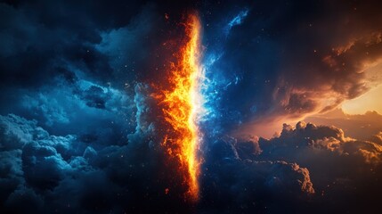 Heaven and hell concept split by light, fire on one side, peace on the other