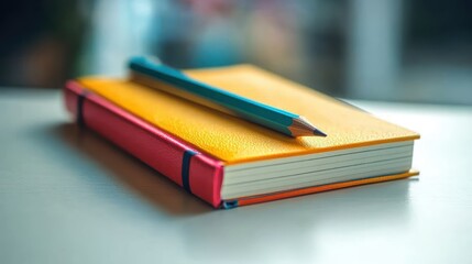 A macro shot of a colorful notebook and pencil on a white desk, ideal for back-to-school or personal productivity themes