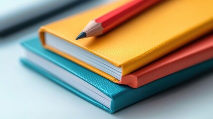 A macro shot of a colorful notebook and pencil on a white desk, ideal for back-to-school or personal productivity themes