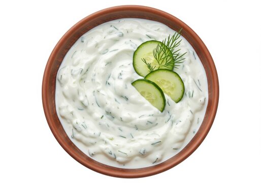 A bowl of tzatziki sauce with cucumber slices and dill sprigs on a white background viewed from above