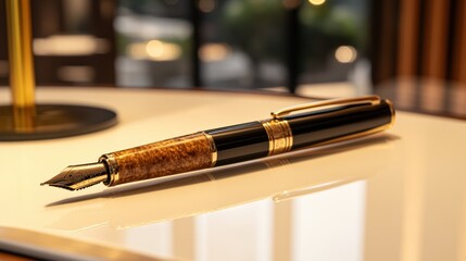 Fototapeta premium A macro shot of a stylish pen and notebook on a white surface, capturing a minimalist workspace aesthetic