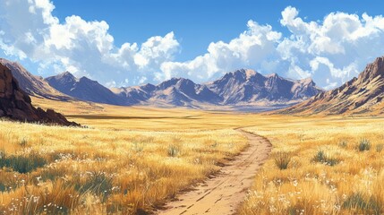 Obraz premium A scenic landscape shows a path through a grassy field