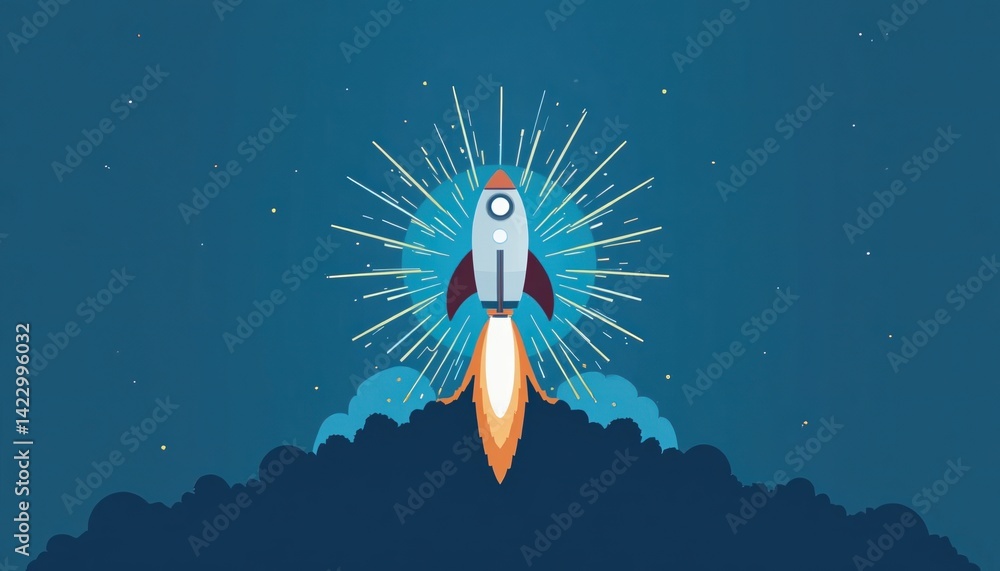 Poster rocket launch event outer space digital art cosmic environment upward viewpoint innovation concept