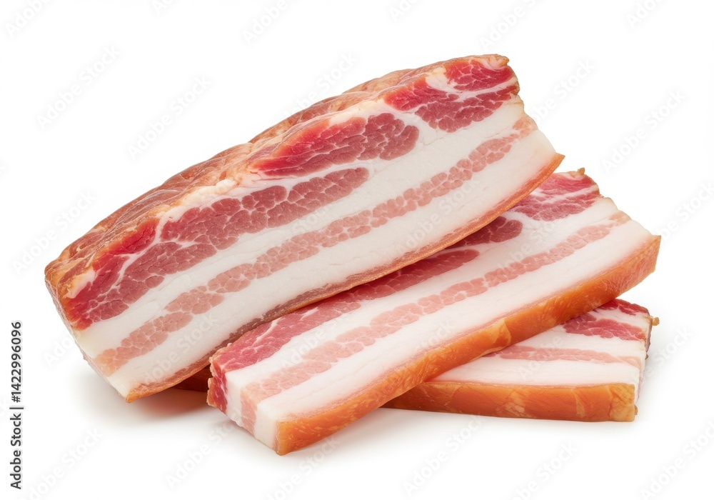 Poster a stack of three slices of bacon with visible layers of fat and meat isolated on a white background