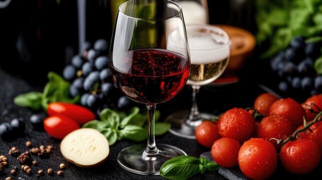 Glass of red wine served with fresh cherry tomatoes, basil, and mushrooms on a dark rustic table.