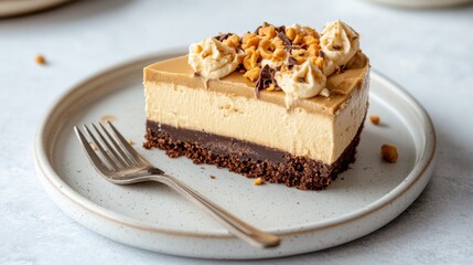 Homemade peanut butter and chocolate cake slice next to fork, natural light dessert shot