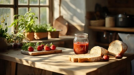 Homemade strawberry jam in clear jar next to fresh slices of bread, wooden table setup