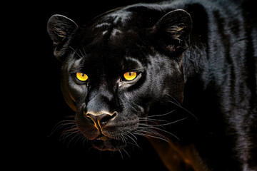 Black cat with yellow eyes stares at the camera
