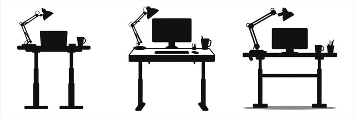 Stylish Adjustable Standing Desk Silhouette with Computer and Lamp/Three silhouettes of adjustable standing desks, each equipped with a computer, lamp, and accessories like a mug and pen holder.