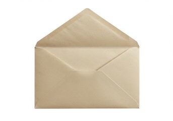 A close up view of a single open beige envelope isolated on a white background in a studio setting