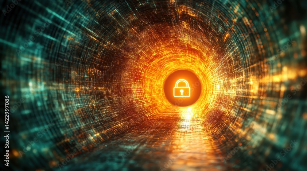 Aufkleber glowing padlock in a digital tunnel, teal and orange light effects. use this image to represent cybe