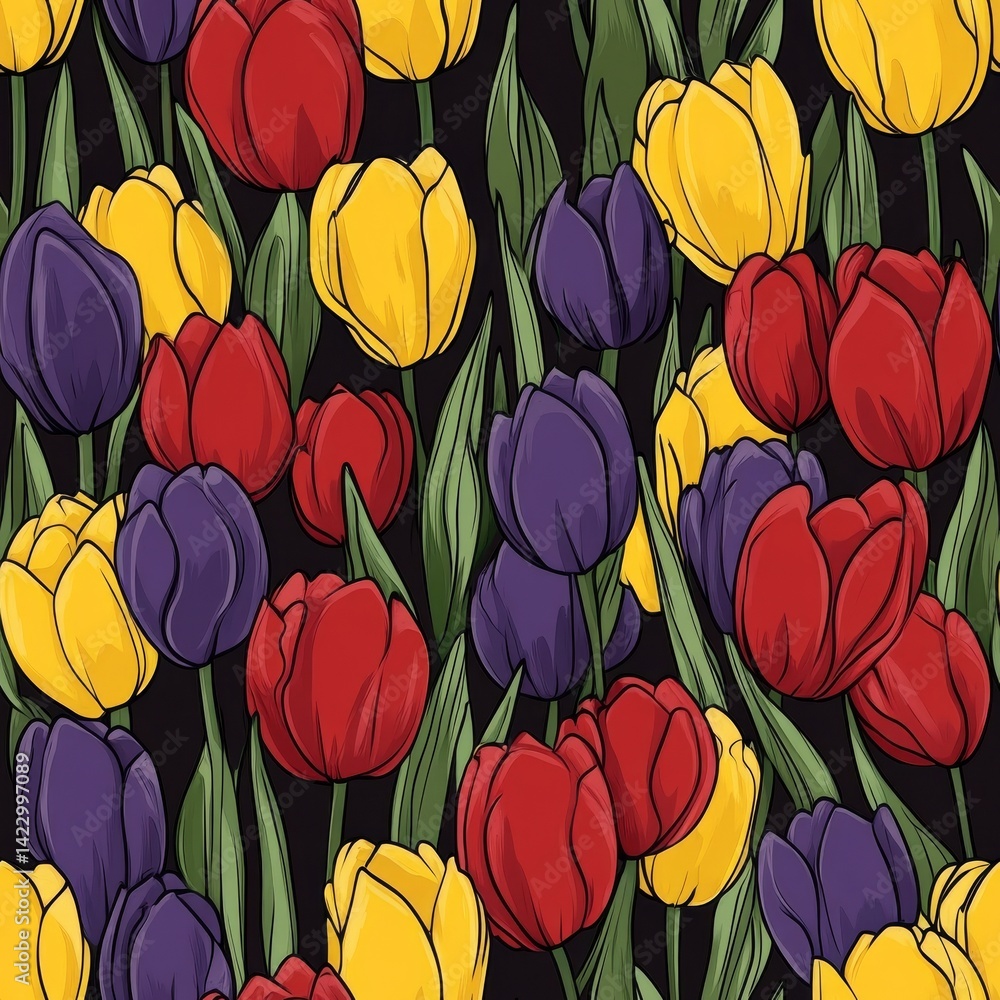 Poster seamless pattern with vibrant tulips in red yellow and purple on dark background