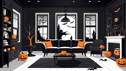 Modern Cozy Halloween Lounge with Pumpkins and Candles