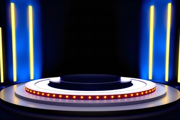 Stage with Blue & Yellow Lights: Modern Event Platform, Product Display Podium, Presentation Stage Design, Spotlight Background