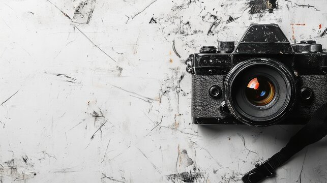 A close-up of a professional camera lens on a white surface, symbolizing photography and creativity