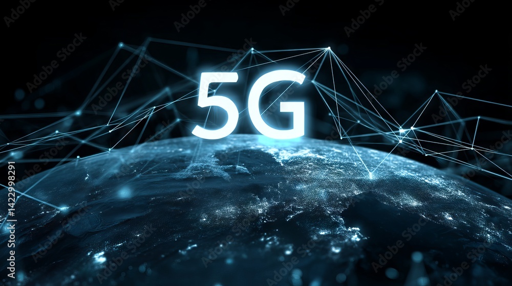 Poster futuristic 5g global network background with glowing blue digital connections and data grid