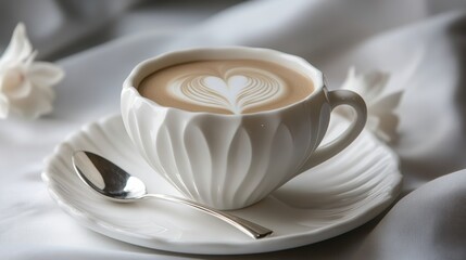 Fototapeta premium A close-up of a coffee cup with a latte art heart design, placed on a white saucer with a spoon beside it, ideal for food and beverage photography