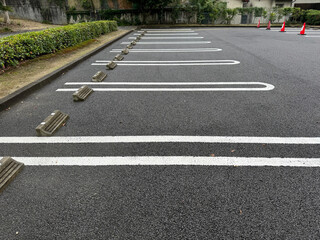 empty parking lot - row of empty parking spaces in a car park, white lines on asphalt, traffic cones and bushes in the background